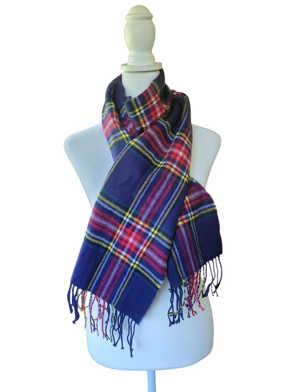 100% Cashmere Classic Plaid Tartan Fringe Scarf Red Blue Yellow